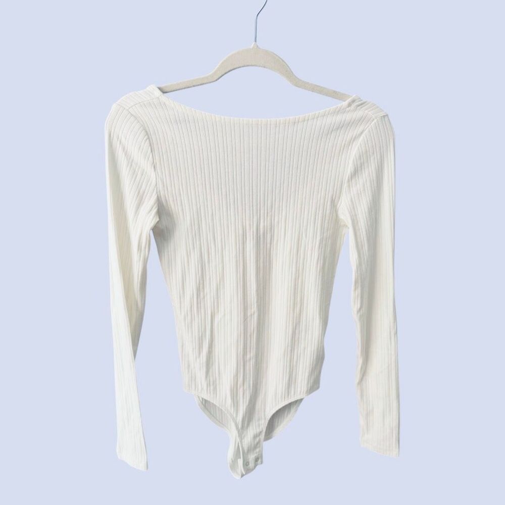 NWT GAP Modern Boatneck Ribbed Long Sleeve Bodysuit Off White Cream Size XS